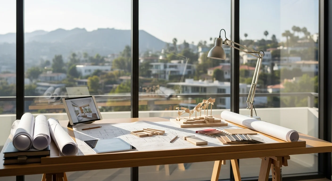 Architectural floor plans and design drawings on desk