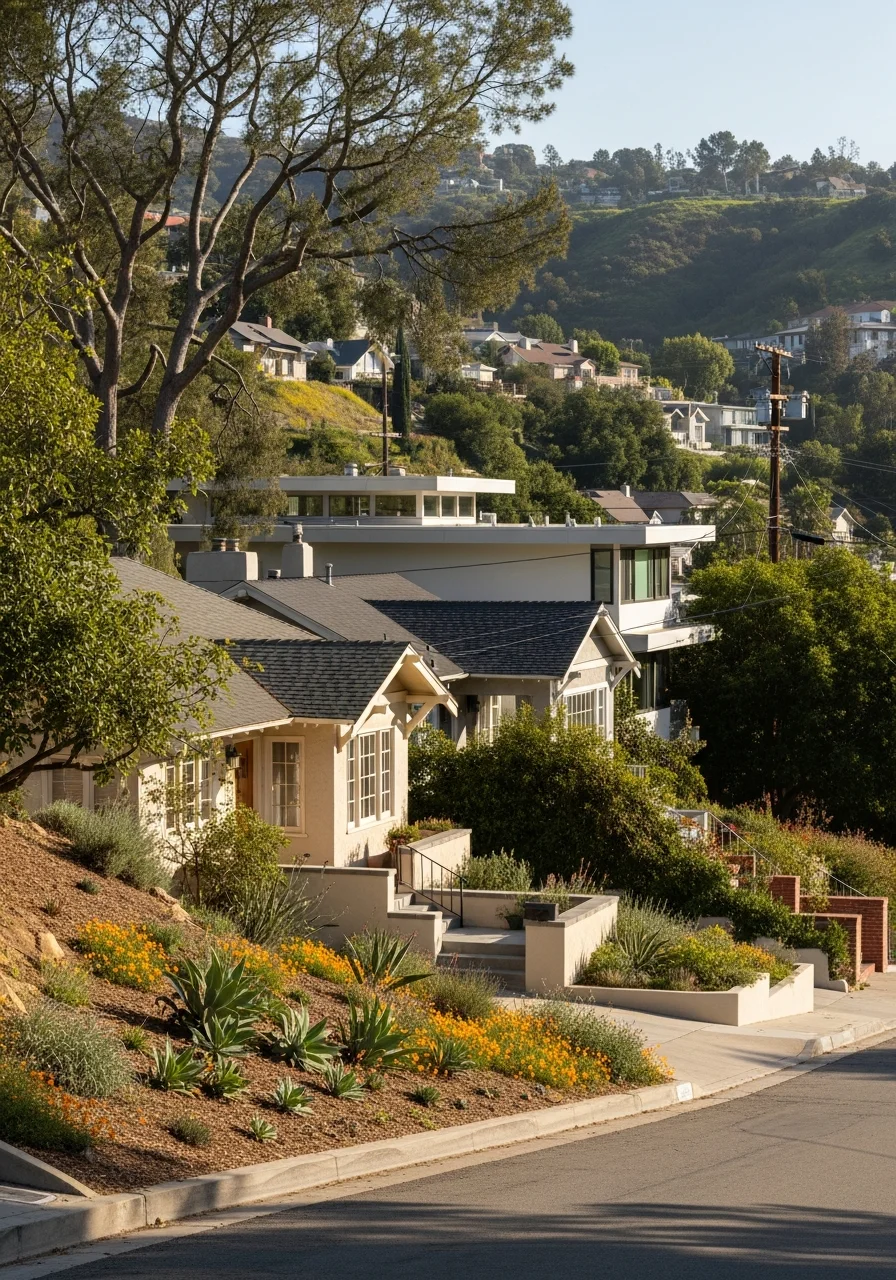Detail of an Eagle Rock home's exterior showing architectural character, landscaping, and hillside setting.