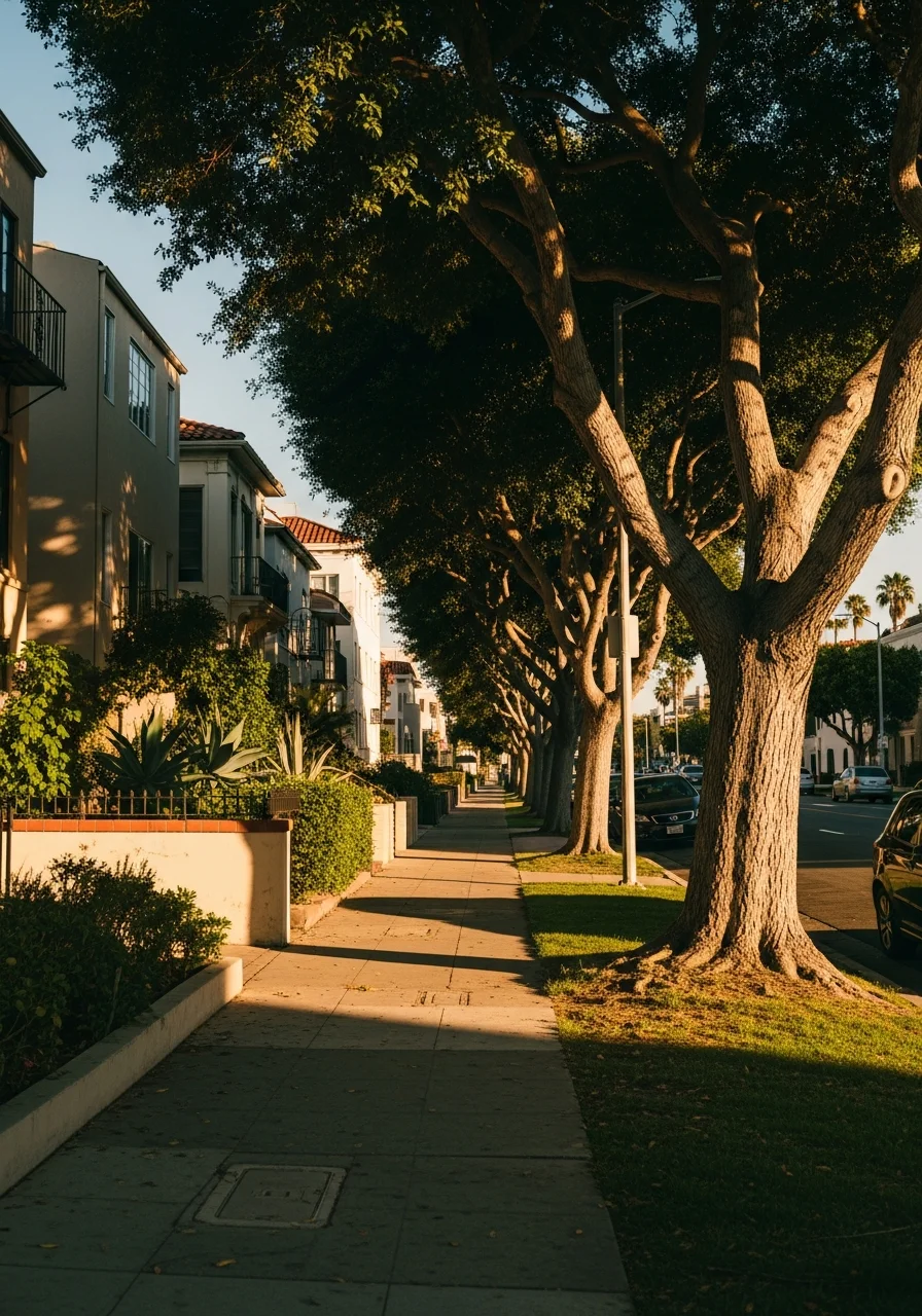 Street-level view of a typical Los Angeles residential block with mature trees and mixed architectural styles.