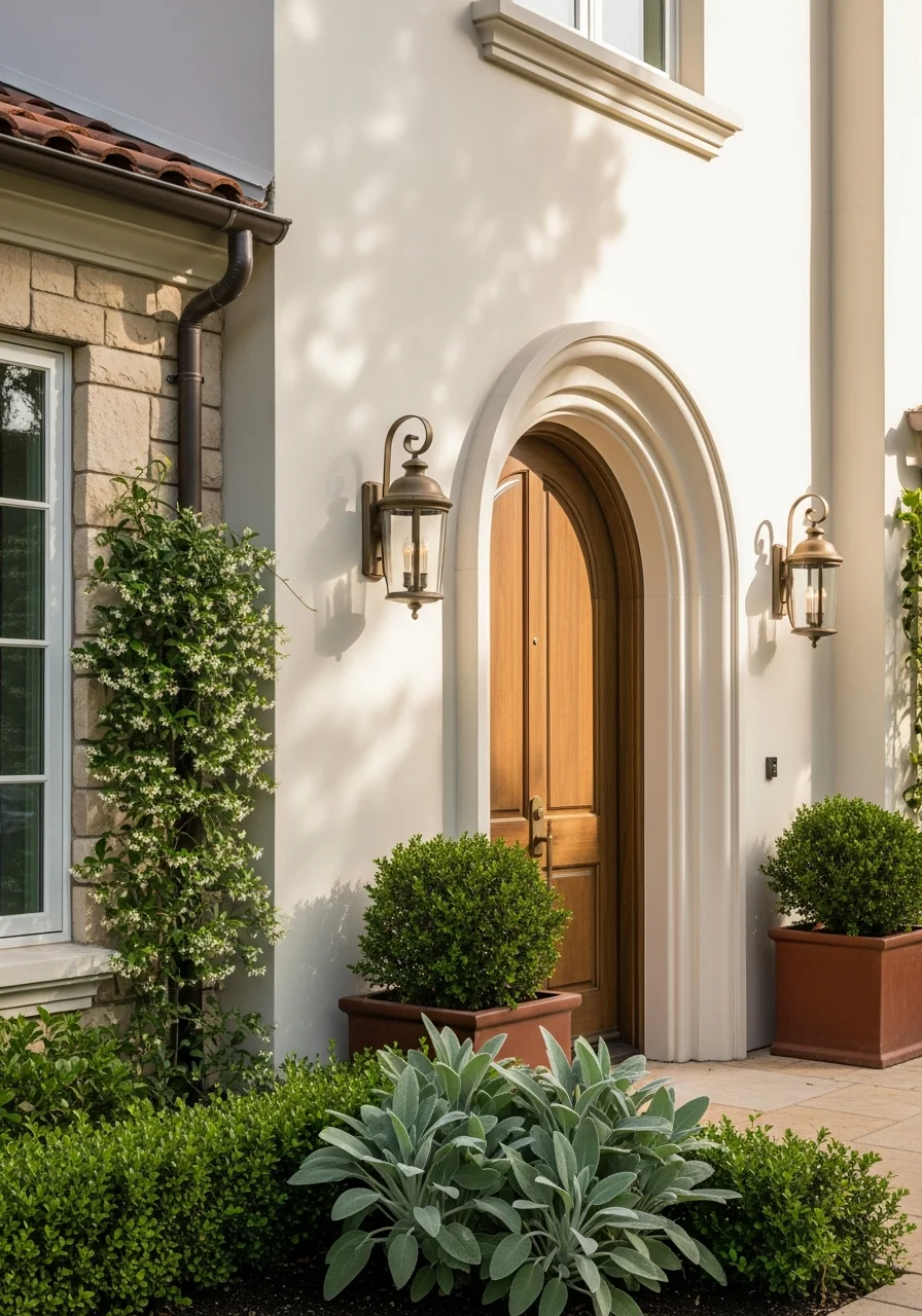 Detail of a Pacific Palisades home's entrance showing premium architectural styling and manicured landscaping.