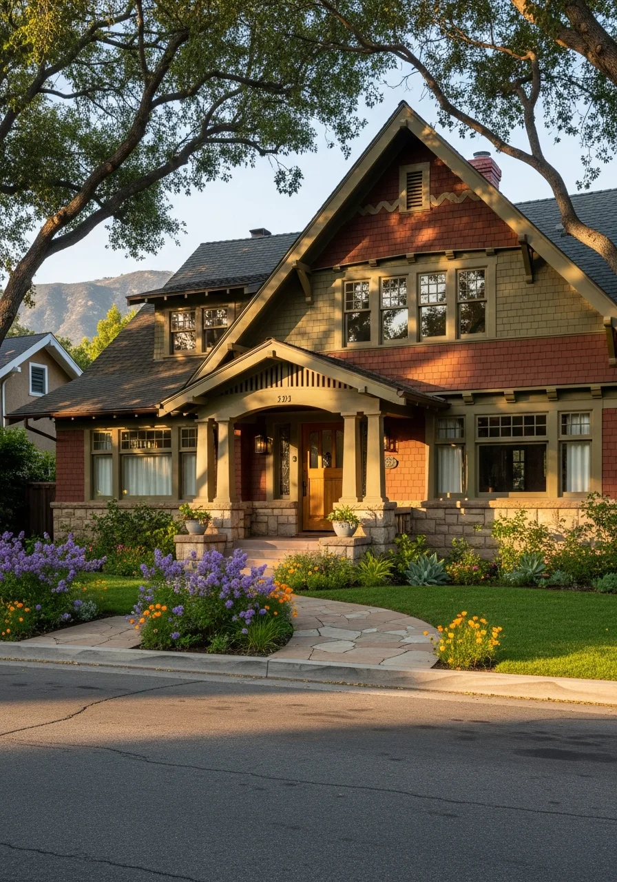 Detail of a Pasadena home's front facade showing architectural character, landscaping, and neighborhood context.
