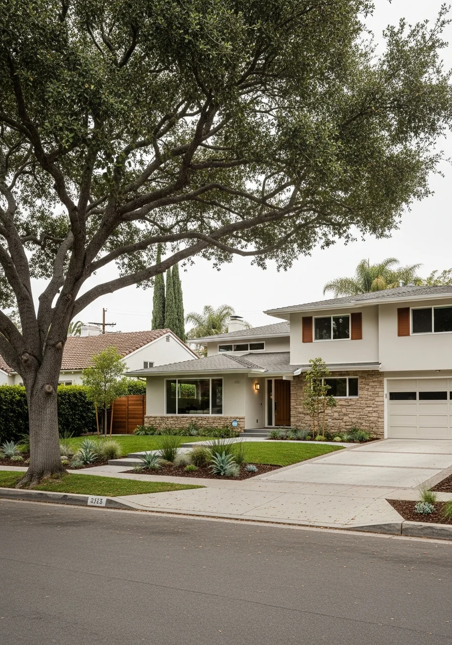 Front view of a Sherman Oaks home showing architectural style, landscaping, and neighborhood setting.