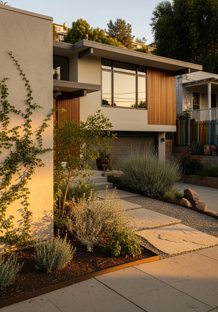 Detail of a Silver Lake home's exterior showing architectural character, landscaping, and artistic community context.