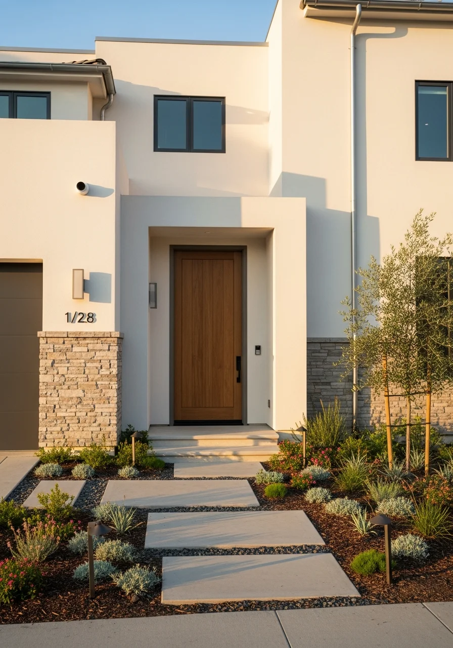 Close-up of a West Hollywood home's entrance with manicured landscaping and contemporary architectural details.
