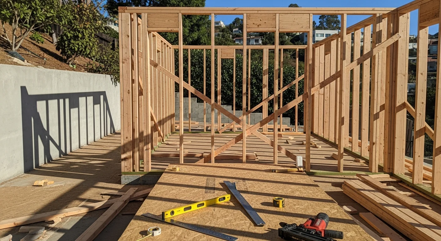 Wood-frame wall and floor structure of a residential addition under construction on a compact West Hollywood lot. New framing ties into the existing single-family home with exposed stud walls and roof blocking visible.
