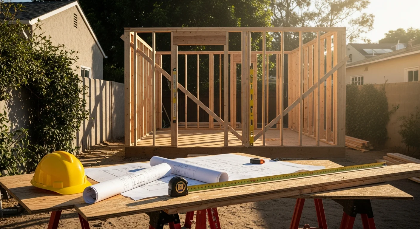 A newly constructed detached ADU in a West Hollywood residential backyard, showing a single-story structure with a private entrance and finished exterior. The unit sits behind a single-family home on a compact lot typical of West Hollywood's residential neighborhoods.