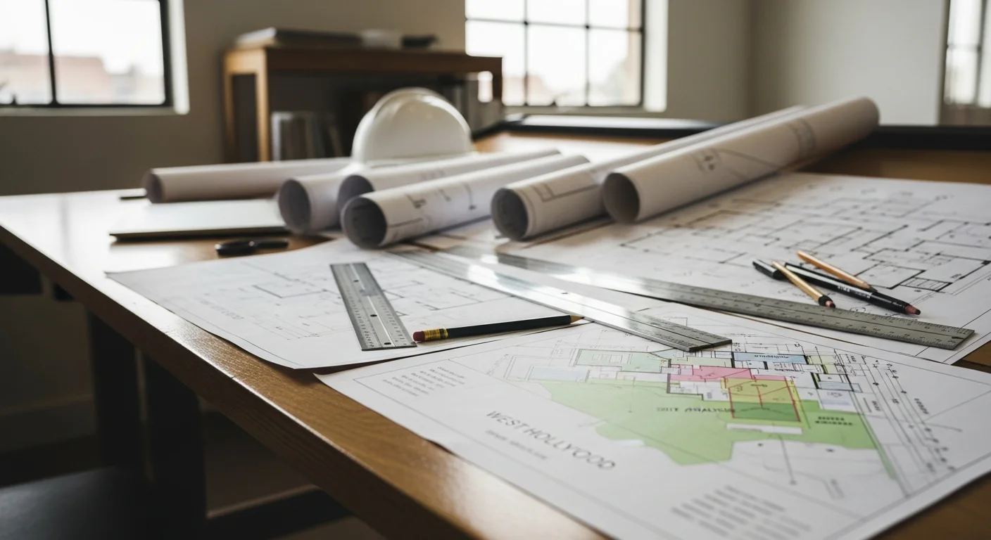 Architectural plan drawings spread on a table showing floor plan layouts and exterior elevations for a residential project in West Hollywood. Site plan sheet visible with setback dimensions and lot boundary markings.