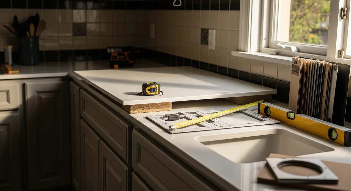 Newly installed stone countertop on white kitchen cabinets inside a West Hollywood condo, showing a clean undermount sink cutout and finished edge profile. The compact kitchen layout reflects the multi-unit residential building style common in West Hollywood.