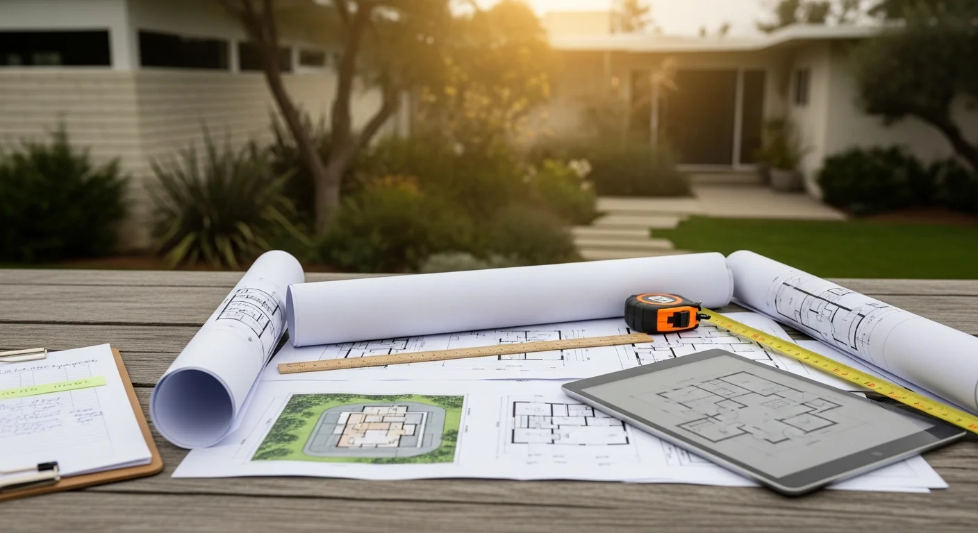 An architect and property owner reviewing design drawings at a table inside a West Hollywood residential property. Architectural plans and site notes are spread across the table during a design consultation meeting.