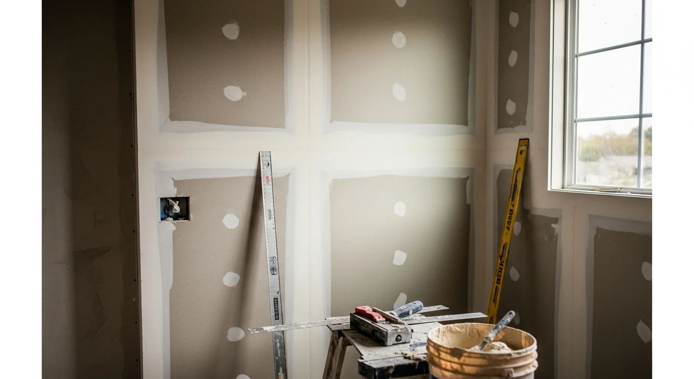 A freshly installed and taped drywall interior in a West Hollywood residential room addition, with smooth mud-coated seams and clean cuts around window and door openings. The walls are ready for primer and paint as part of a new construction framing project by DTA Green Construction.