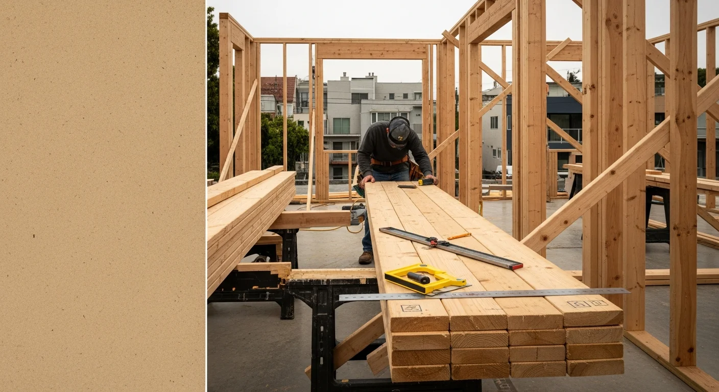 Wood stud wall framing in progress on a residential addition in West Hollywood, CA, showing floor-to-ceiling stud bays, a door rough opening, and temporary bracing. A framing crew member checks plumb on a corner post at the exterior wall line.