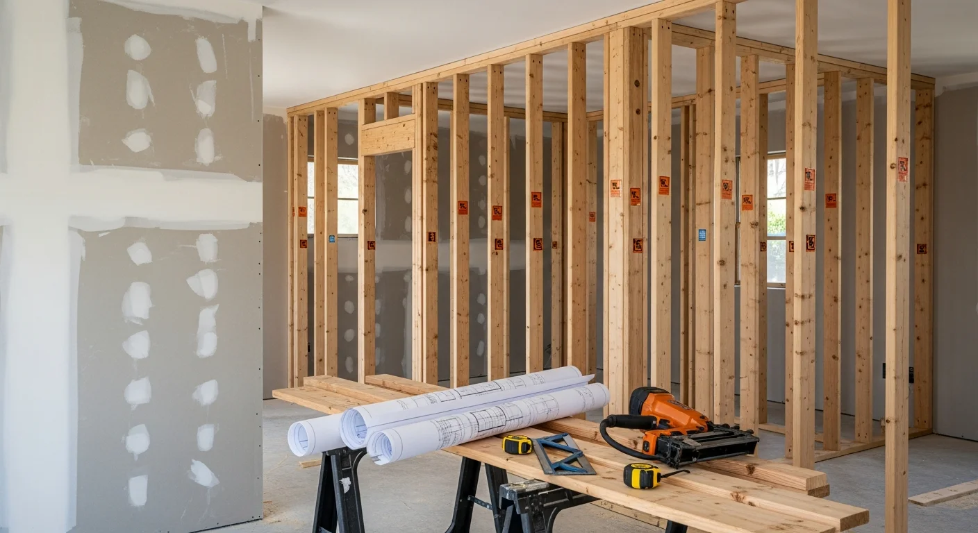 Interior framing in progress inside a West Hollywood residential property, showing wood stud walls and door opening framing at rough construction stage. New partition walls are laid out across an open floor plan with structural framing visible before drywall installation.