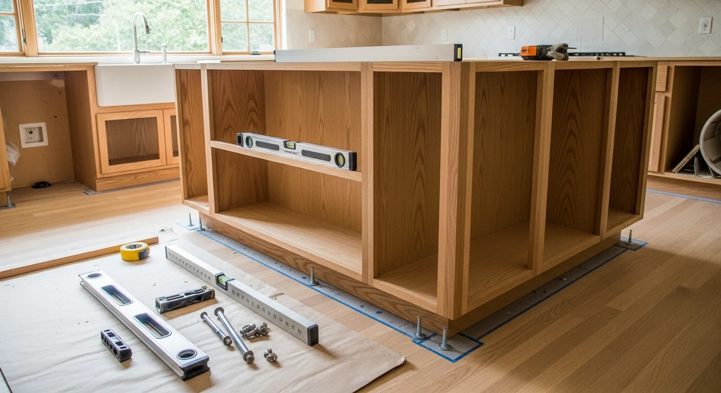 A newly installed custom kitchen island with base cabinets and a stone countertop inside a West Hollywood home. The island is anchored to the floor with open aisle clearance on all sides and pendant lighting overhead.