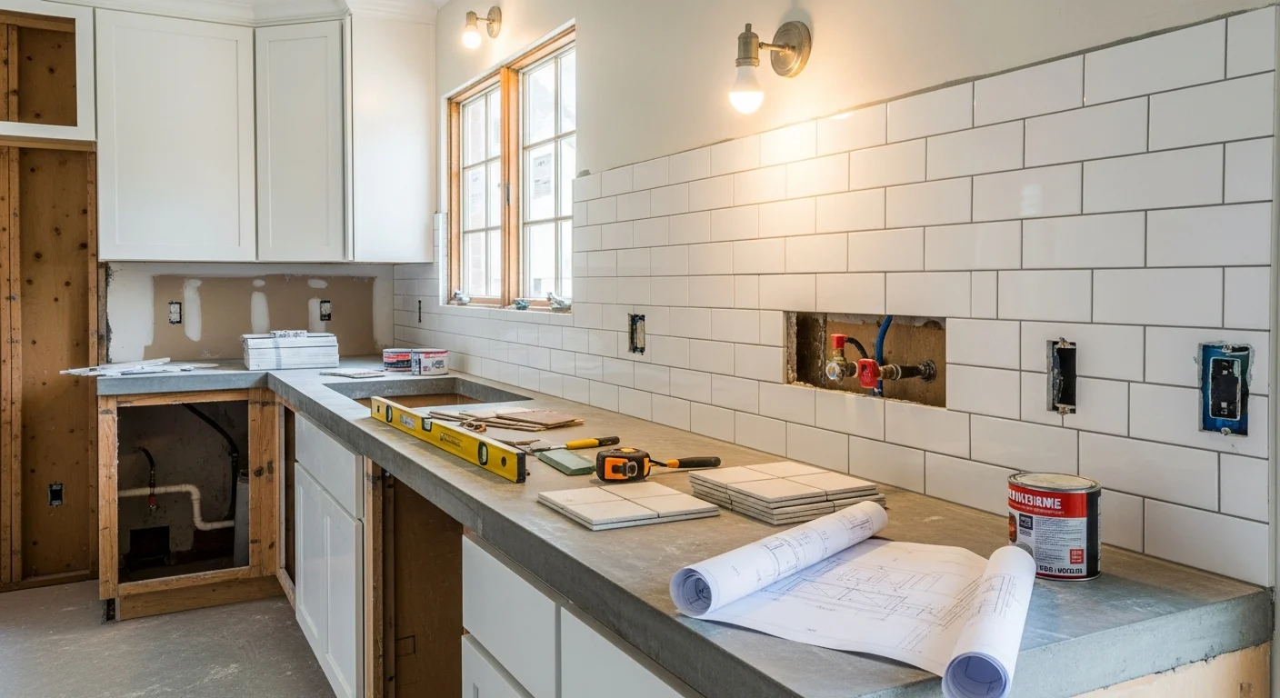 Fully remodeled kitchen in a West Hollywood home featuring new cabinetry, updated countertops, and reconfigured layout with open sight lines to the living area. Interior shows finished tile backsplash, updated lighting, and modern plumbing fixtures installed by DTA Green Construction.