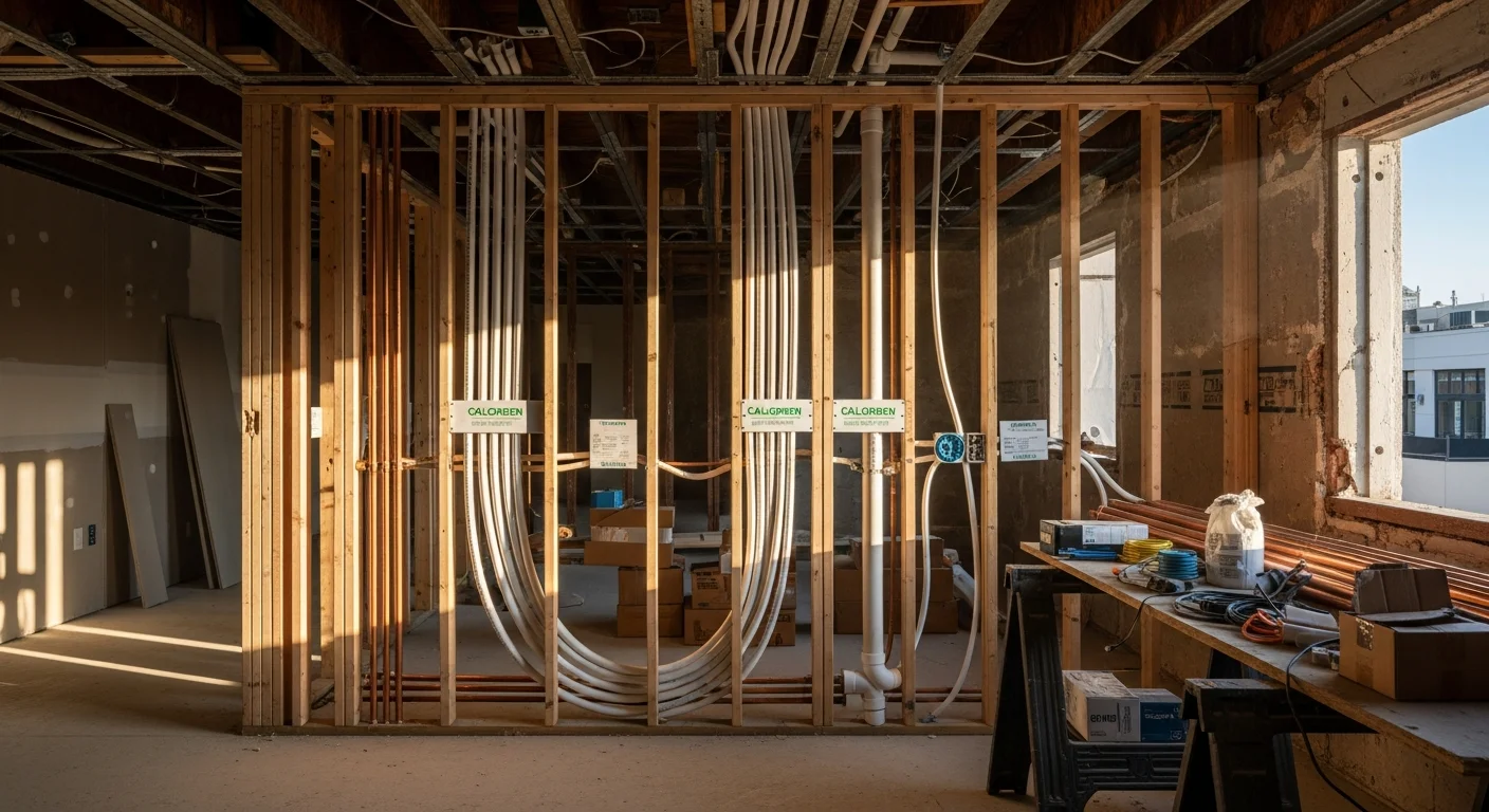Gutted interior of a West Hollywood residential property mid-renovation, showing new framing, exposed plumbing rough-in, and updated electrical wiring before drywall installation. General contractor crew from DTA Green Construction on site.