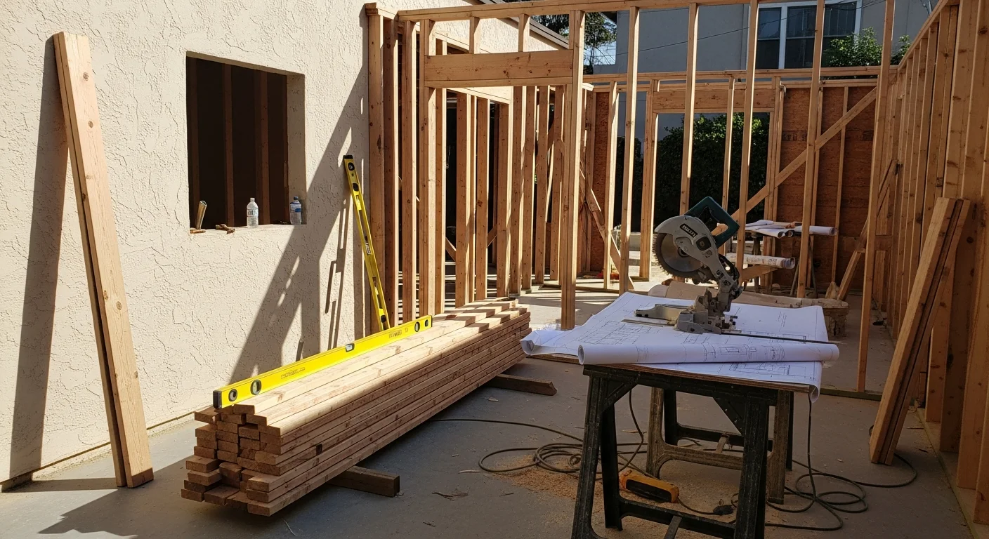 A newly completed single-story room addition on a West Hollywood residential property, showing a framed exterior wall with stucco finish that matches the existing home. The addition connects directly to the main structure with a consistent roofline and window trim.