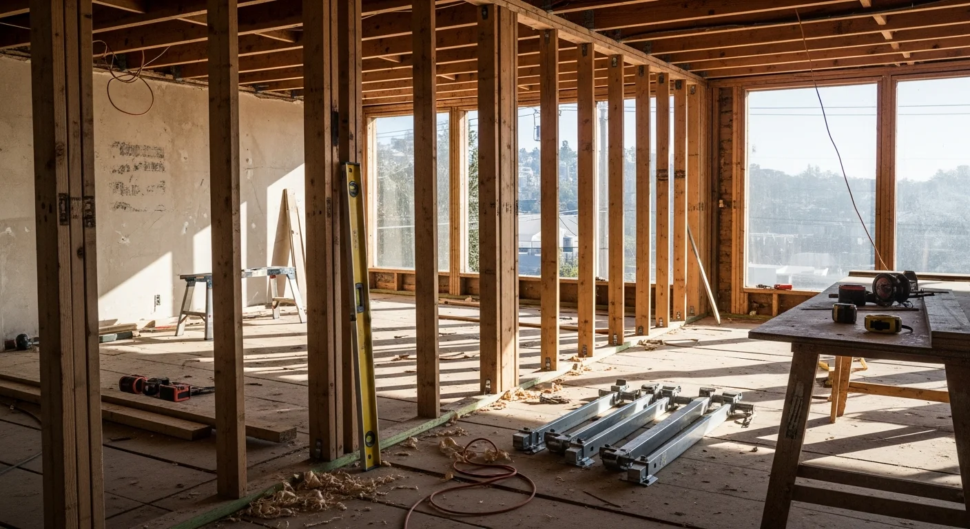 A West Hollywood residential framing repair in progress, showing exposed wall studs and a replaced load-bearing beam inside an older wood-frame home. A DTA Green Construction crew member inspects the repaired structural connection before wall closure.